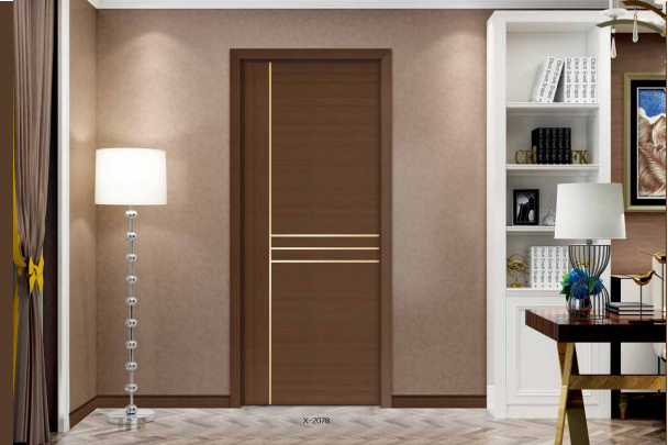 鑫順來X-2078雕花鑲金屬條貼科技木皮平開隔音實木烤漆門