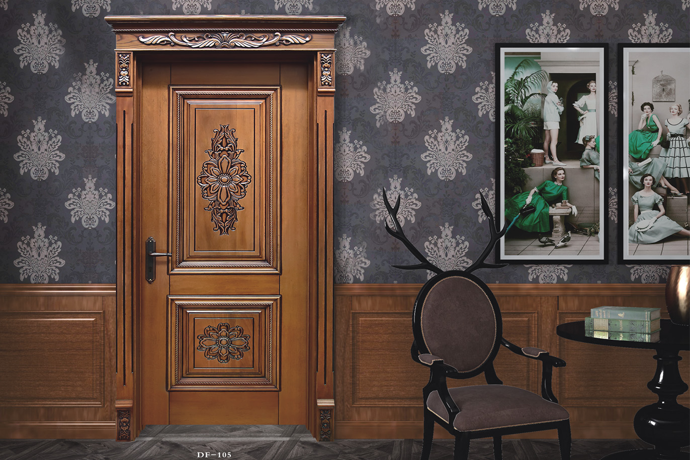 廠價(jià)直銷愉心X-4066平開雕花仿古實(shí)木烤漆門