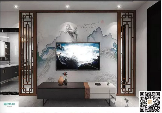 廠價(jià)新款鑫順來(lái)DQ-07掃碼中式格子電視墻,掃二維碼看裝修風(fēng)格